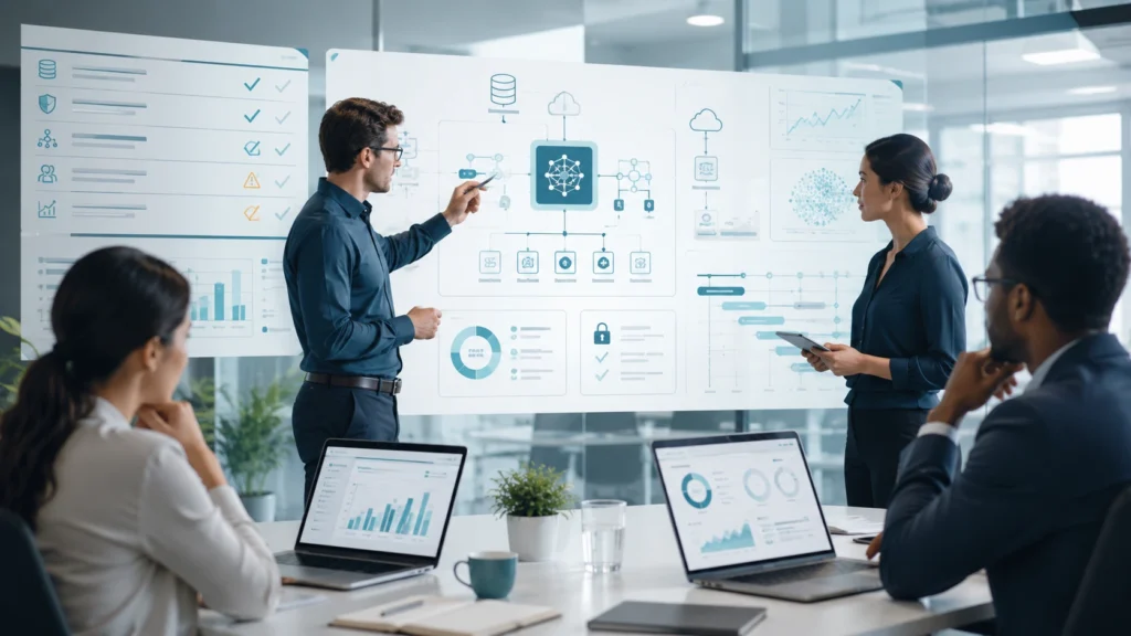 Enterprise AI readiness strategy meeting with governance and data architecture dashboards