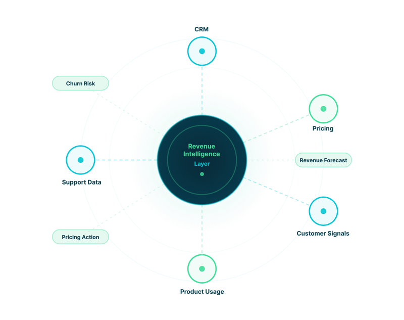 Revenue intelligence layer connecting CRM, pricing, customer signals, product usage, and support data for commercial leaders